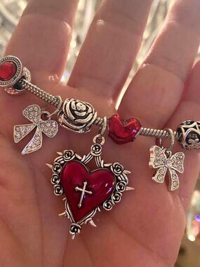 Red Sacred Gothic Heart Charm Bracelet Bow Rose Gem